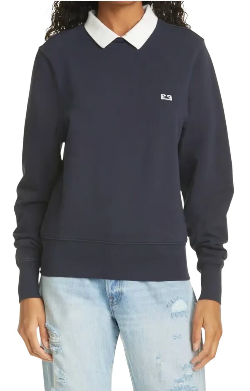Frame Navy Blue Polo Collar Pullover Cotton Sweatshirt
